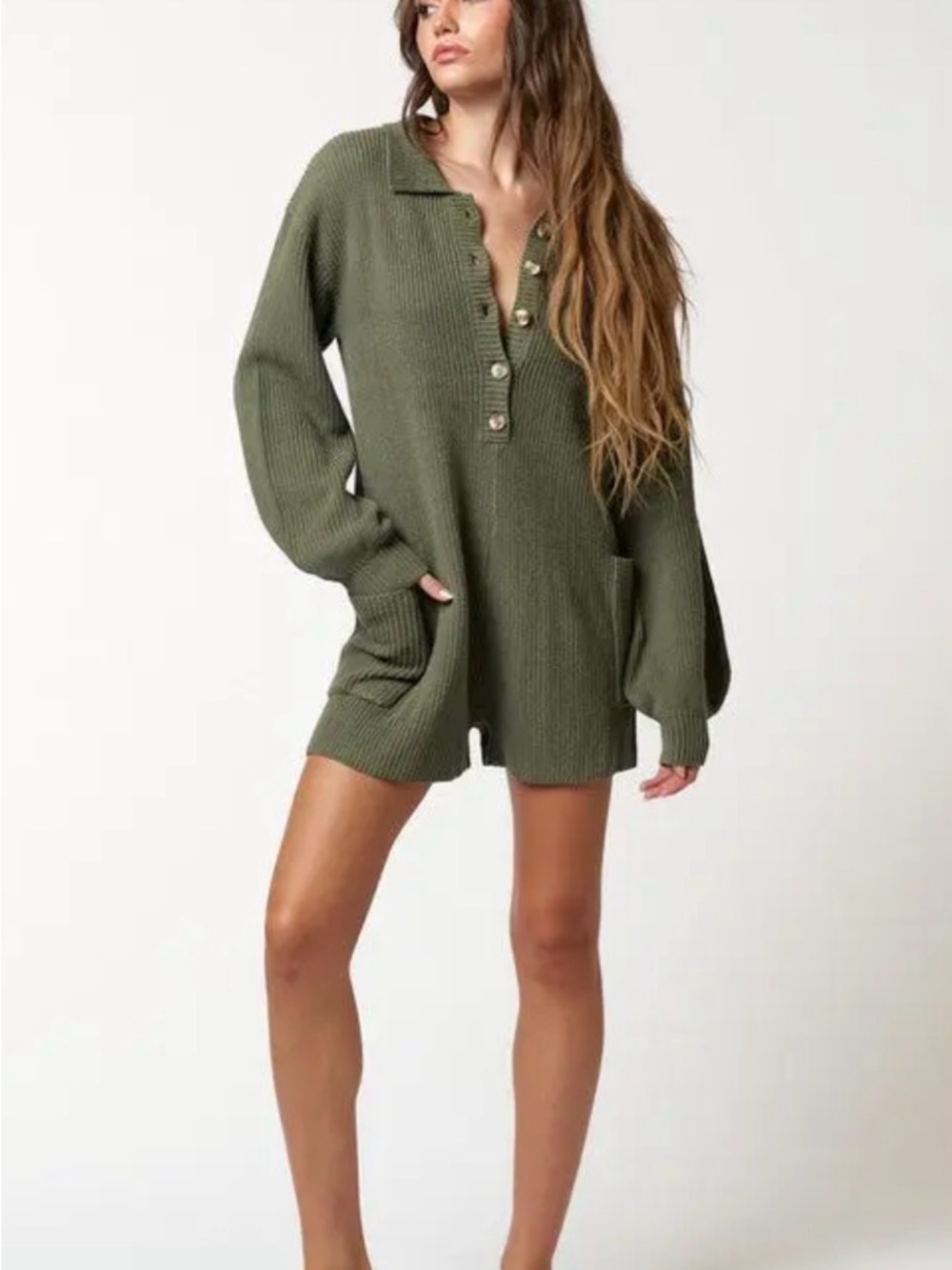 These Three Boutique Olive Knit Button-Front Sweater Romper Size Medium